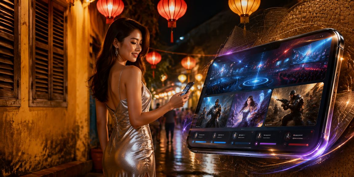 Người đội nón lá theo dõi esports và đặt cược tại Hội An buổi tối